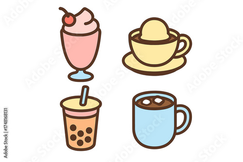 Colorful set of four sweet drinks: milkshake, coffee float, boba tea, and hot chocolate