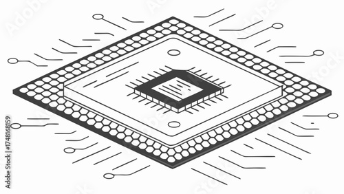 Microchip illustration isometric view technology computer circuit board digital hardware electronics processor cpu micro processor integrated circuit technology background computer c.