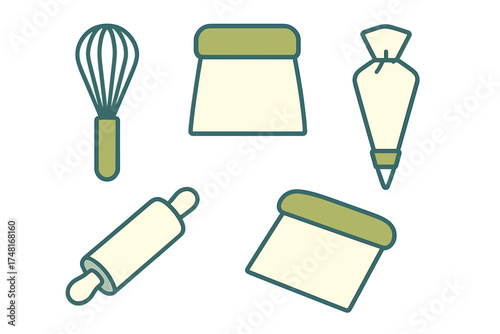 Essential baking tools collection including whisk, rolling pin, and piping bag