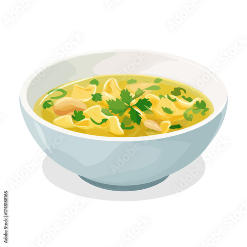Minimalist 2D flat vector design of a Chicken Noodle Soup, clean illustration with a white background.