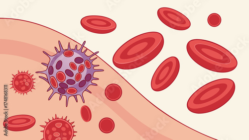 Microscopic view of blood cells and pathogens medical illustration healthcare biology science immune system disease virus bacteria cell blood red blood cells white blood cells infect.
