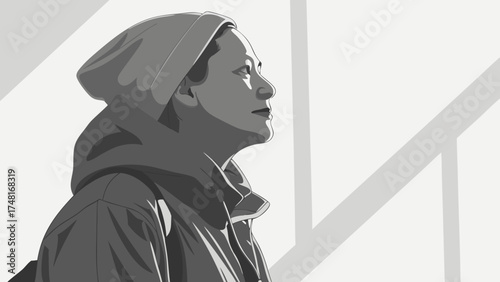 Stylish grayscale portrait of a person in a beanie and hoodie.