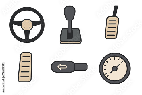 Essential car interior controls set: steering wheel, gear shift, pedals, and speedometer gauge