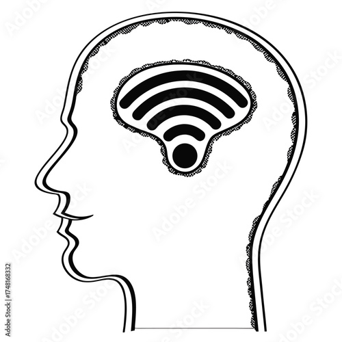 Connected Mind: WiFi Brain Signal Illustration for Digital Intelligence, Wireless Communication, Neurotech, and Modern Information Networks Concepts