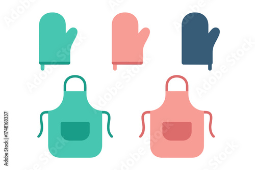 Collection of colorful kitchen aprons and oven mitts for cooking and baking