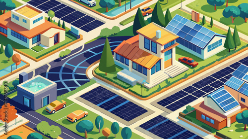 Very beautiful top-down drone view of a suburban grid with solar panels and driveways, vector-style illustration highlighting modern eco-living and urban design symmetry.