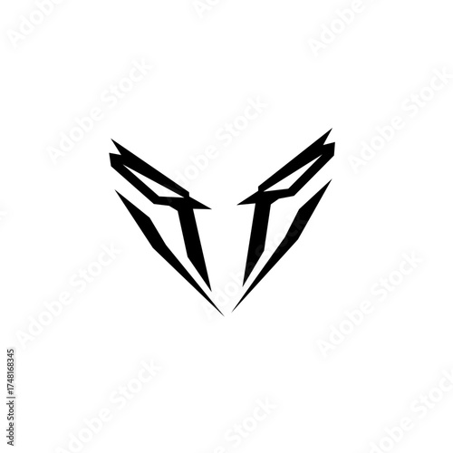 Minimalist black icon of abstract, sharp predator or mask eyes. The angular lines form a fierce, aggressive, and futuristic symbol representing speed and intensity.