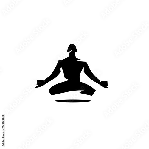 Black silhouette of a person meditating in the lotus position. The powerful, geometric style suggests strength, focus, inner peace, and a healthy, calm lifestyle.