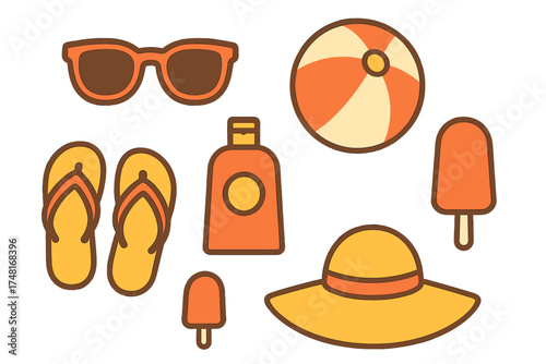Essential summer beach accessories flat lay including sunglasses, flip-flops, sun hat, and sunscreen