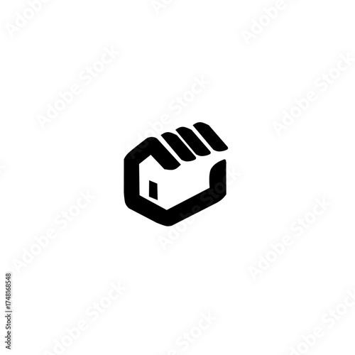 Abstract black logo combining a hand and a house shape, symbolizing care, protection, and home security, perfect for real estate, construction, or charity branding.