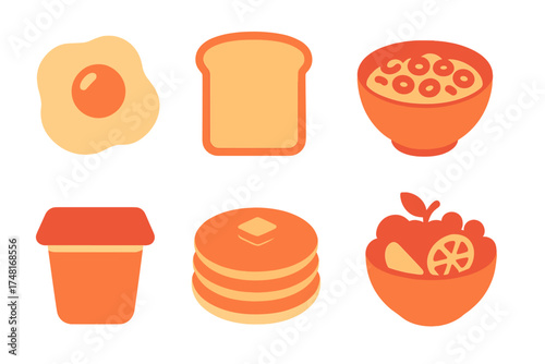 Six stylized breakfast food icons including egg, toast, pancakes, and cereal bowl