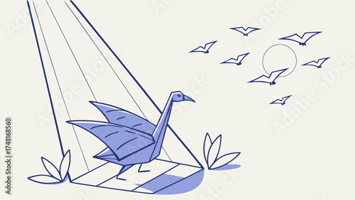 Origami bird illustration flying birds nature scene minimalist design vector art peaceful scene simple graphic.