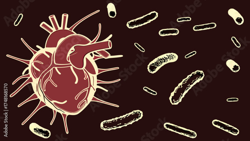 Stylized illustration of a human heart with surrounding bacteria medical illustration dark background.
