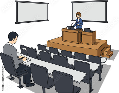 Classroom silhouette, lecture hall setup, teacher at podium, student taking notes, academic scene, educational presentation