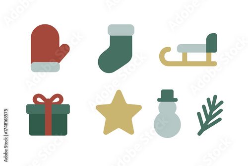 Flat design collection of festive winter elements including sled, gift box, snowman, and stocking