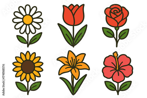 Six colorful stylized floral elements featuring rose tulip daisy and sunflower designs
