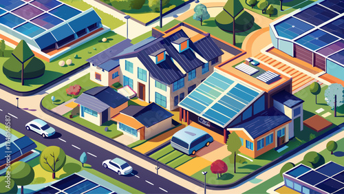 Very beautiful top-down drone view of a suburban grid with solar panels and driveways, vector-style illustration highlighting modern eco-living and urban design symmetry.