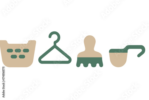 Minimalist symbols for laundry and cleaning including basket, clothes hanger, brush, and scoop