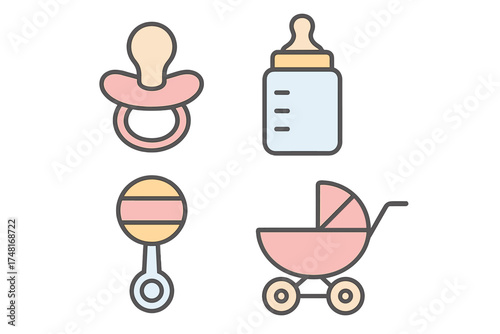 Essential baby care items set including pacifier, feeding bottle, rattle, and stroller