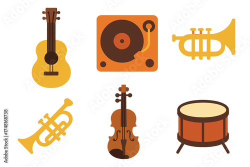 Set of stylized musical instruments including guitar, trumpet, violin, drum, and turntable