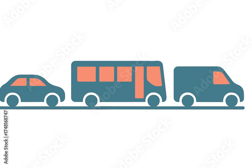 Sedan car, passenger bus, and delivery van road vehicles aligned horizontally