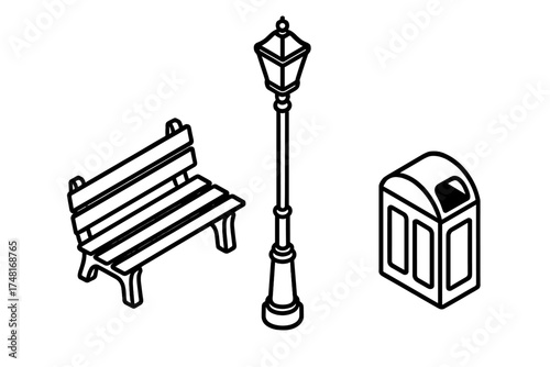Isometric park furniture elements: wooden bench, classic street lamp, and public waste bin