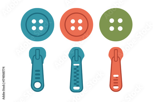 Colorful set of sewing notions including round buttons and zipper sliders