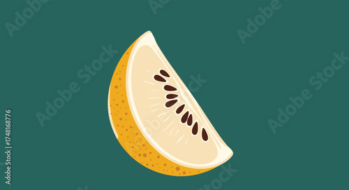 A vibrant slice of golden kiwi fruit with its characteristic black seeds and speckled rind against a deep teal background.