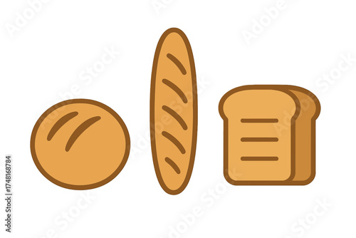 Variety of baked goods featuring a rustic round loaf, a long French baguette, and slices of toast bread