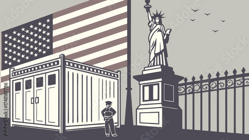 Patriotic illustration with a statue a container and a guard.