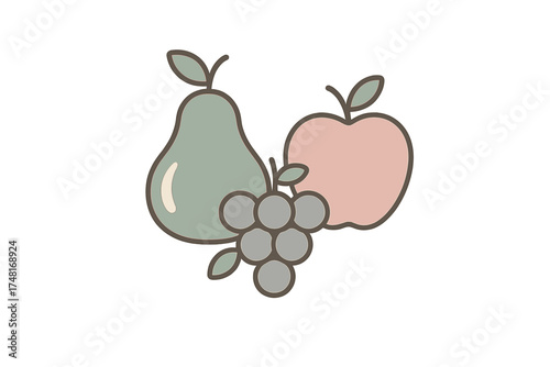 Green pear, pink apple, and gray grapes arranged in a stylized composition