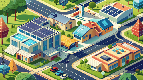 Very beautiful top-down drone view of a suburban grid with solar panels and driveways, vector-style illustration highlighting modern eco-living and urban design symmetry.
