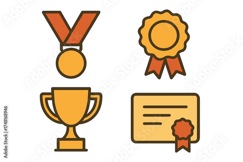 Collection of golden awards including a winner's medal, rosette ribbon, championship trophy, and diploma certificate