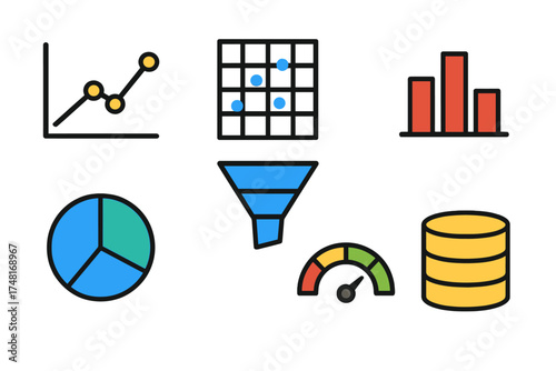 Business analytics and financial data visualization icons featuring charts, funnel, and speedometer