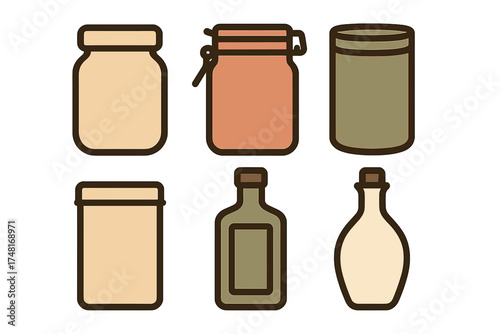 Assortment of six empty storage containers featuring different shapes of jars and bottles