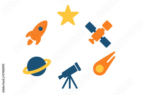 Collection of flat design space and astronomy symbols including rocket, planet, star, and comet