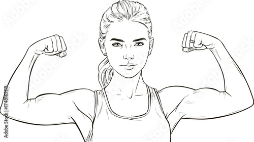 Strong Young Woman Showing Biceps Vector Illustration Isolated on White Background