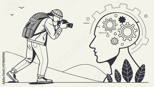 Photographer taking pictures in nature creative process gears in head illustration concept art.