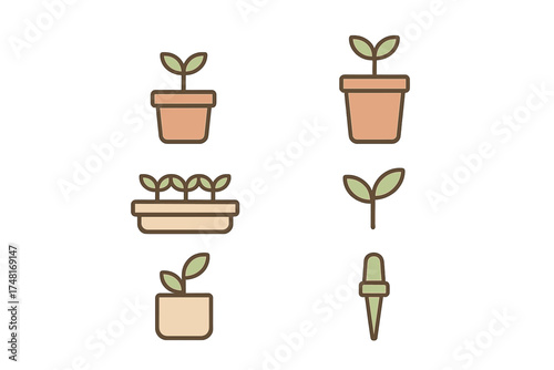 Potted seedlings, young plants, and gardening tools representing growth and nature concepts