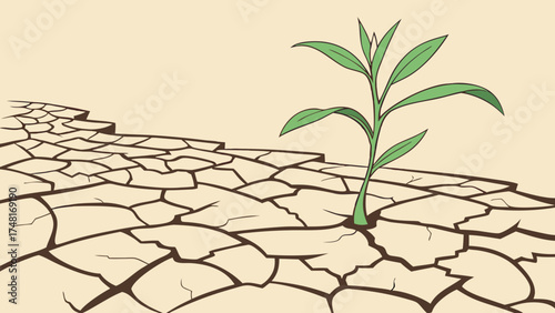 Plant Sprouting from Cracked Earth Drought Resilience Nature Illustration.