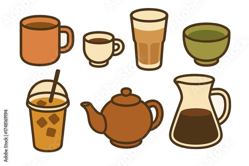 Collection of various drinkware containers including cups, mugs, glasses, teapot, and carafe