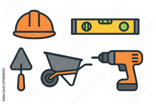 Essential building and construction equipment set including safety helmet, spirit level, trowel, wheelbarrow, and power drill