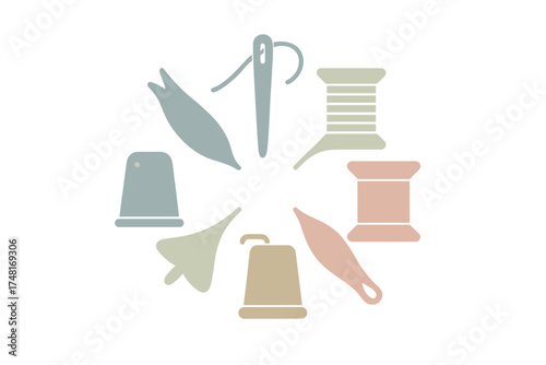 Sewing and tailoring tools arranged in a circular pattern on a white background