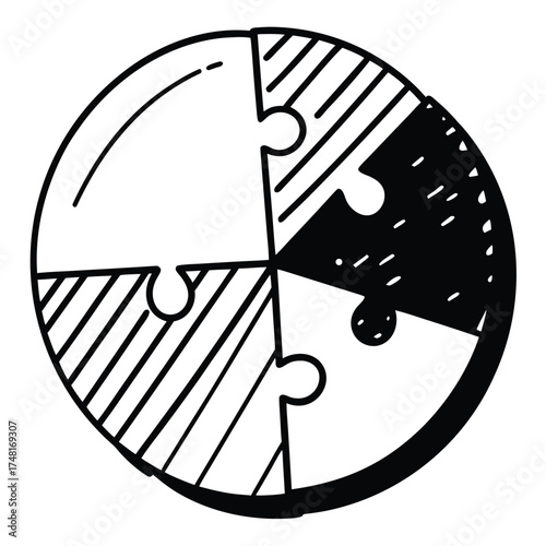 Jigsaw Puzzle Pie Chart With Four Pieces: Data Analysis, Diagram, Progress, Strategy, Project, Statistics, Round, Circle, Chart For Infographics, Presentations