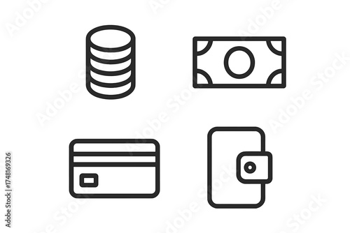 Essential financial symbols representing currency, payment methods, and storage