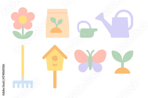 Minimalist pastel colored set of essential gardening tools, planting supplies, and spring nature elements