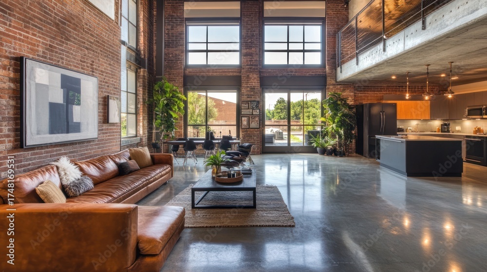 Fototapeta premium Stylish interior with a leather sofa and large windows