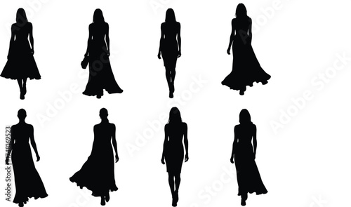 Fashion walking silhouettes, dress design, runway models, black vector, stylish women, motion, elegance, minimal, gown flow, posture, fashion art, graceful walk