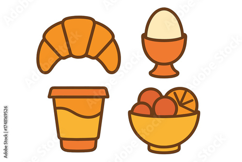 Classic breakfast food featuring croissant, boiled egg, juice, and fruit bowl