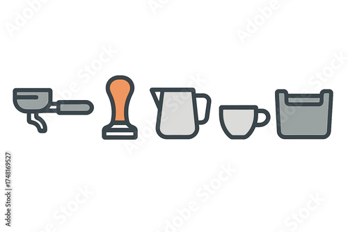 Barista equipment set with portafilter, tamper, milk jug, coffee cup, and knock box symbols
